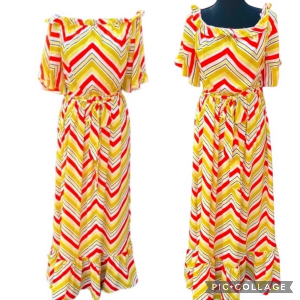 Bright Chevron Print Off Shoulder Sash Tie Empire Waist Maxi Dress Size Medium